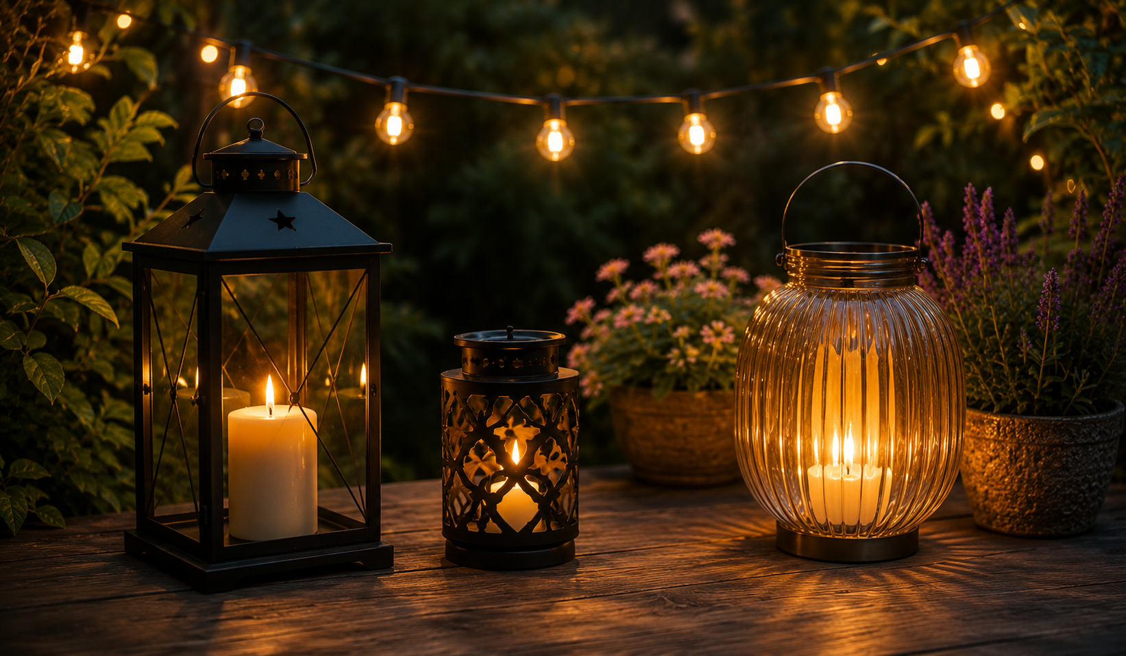 Dekorative Gartenbeleuchtung mit Laternen und Lichterkette