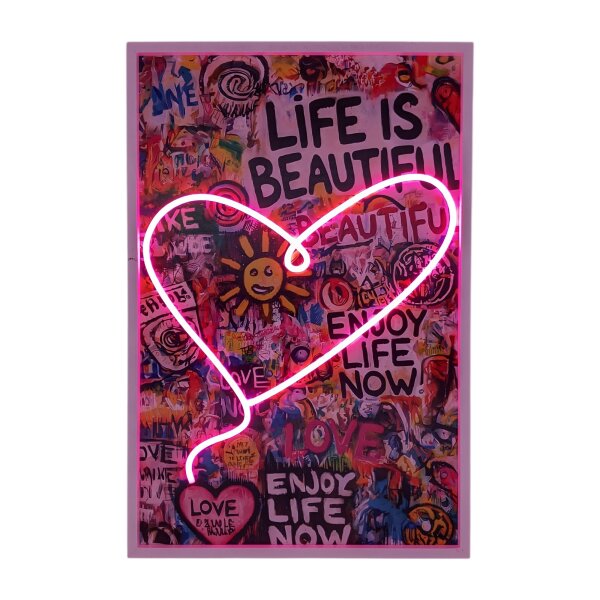 LED Neon Wandbild Graffiti "Life is Beautiful" – 40x60 cm – Street Art Leuchtrahmen mit Pinkem Herz – USB-Anschluss