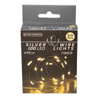 LED Silberdraht Batterielichterkette 100 LEDs 4,95m + 10 cm Zuleitung warmweiß Timer