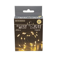 LED Silberdraht Batterielichterkette 80 LEDs 395 cm + 10 cm Zuleitung warmweiß Timer