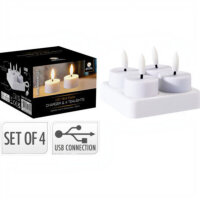 LED Teelichter weiß mit USB-Ladeplatte - 4er Set, wiederaufladbar, Flackereffekt Ambiancelight