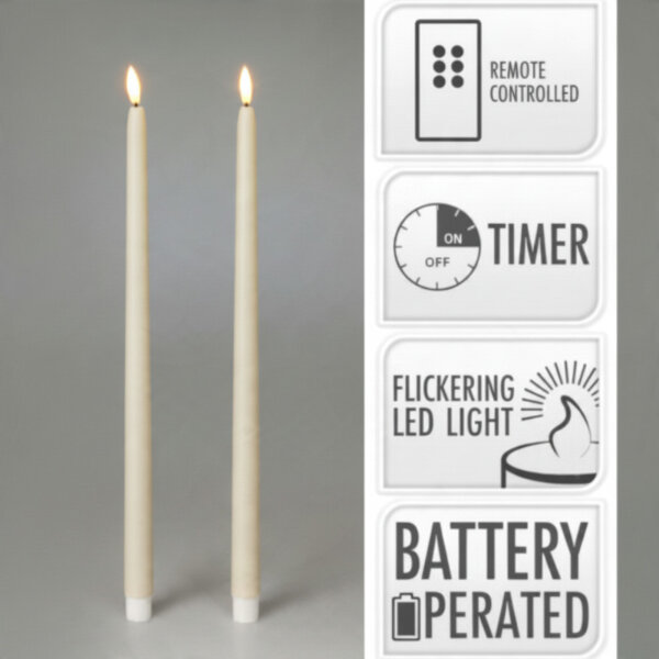 LED-Stabkerzen 2er Set 38 cm Cremeweiß mit Fernbedienung Flackereffekt